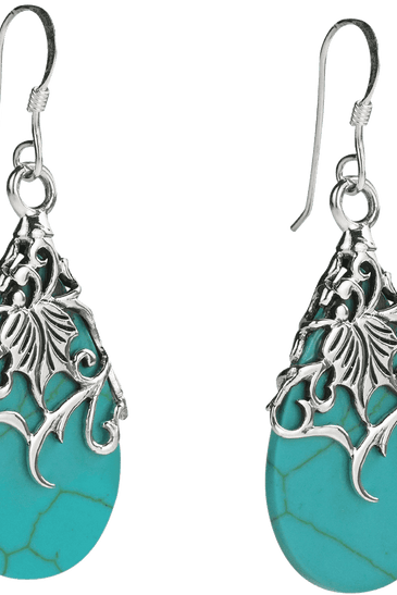 Floral Vine Ornate Teardrop Natural Shell .925 Silver Earrings